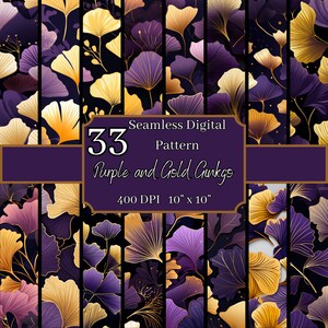 Lila und Gold Ginkgo Nahtlose Muster Bündel, hochauflösende 400 dpi, 10x10 Zoll elegante digitale Hintergründe, für kommerziellen und persönlichen Gebrauch