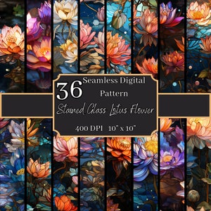 Gebrandschilderd glas lotusbloem naadloze patronenbundel, hoge resolutie 400 DPI, 10 x 10 inch digitale achtergronden, voor commercieel en persoonlijk gebruik