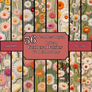 Gerbera Gänseblümchen Wolle Stickerei Nahtlose Muster Bündel, hochauflösende 400 DPI, 10x10 Zoll digitale Hintergründe, kommerzieller und persönlicher Gebrauch
