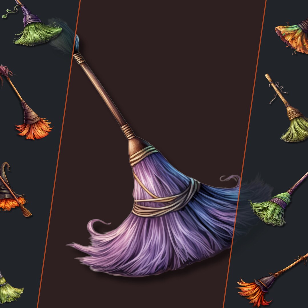 Cute Cartoon Halloween Witch Broom Clipart Bundle, PNG, for Digital Art ...