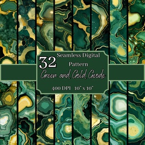 Grün und Gold Geode Musterdesign Bundle, luxuriöse 400 dpi, 10x10 Zoll Mineral digitale Hintergründe, für kommerziellen und persönlichen Gebrauch