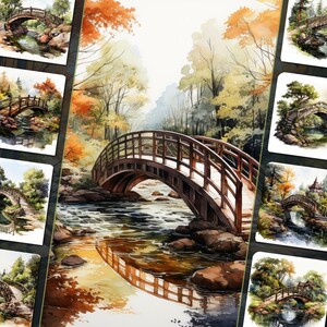 Brug over een beekje clipartbundel, serene natuurillustraties, png-bestanden, witte achtergrond, instant download, persoonlijk en commercieel gebruik