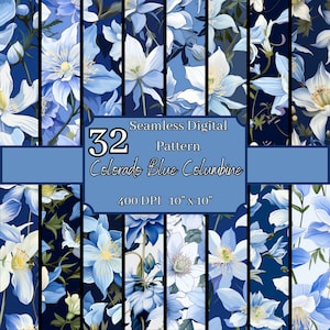 Pacchetto di modelli senza cuciture Colorado Blue Columbine, 400 DPI ispirati alla natura, sfondi digitali floreali da 10x10 pollici, uso commerciale e personale