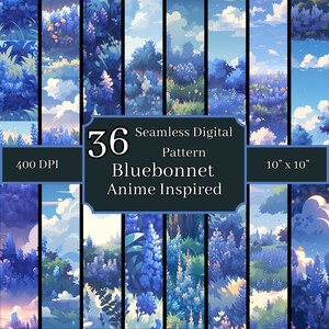 Paquete de patrones sin costuras inspirados en anime Bluebonnet, alta resolución 400 DPI, fondos digitales de 10x10 pulgadas, para uso comercial y personal