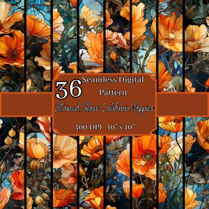 Lot de motifs sans couture en vitrail, coquelicots de Californie, haute résolution, 400 ppp, 10 x 10 po, arrière-plans numériques, pour usage commercial et personnel