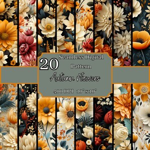 Pacote de padrões sem emenda de flores de outono, alta resolução 400 DPI, designs florais digitais de 10 x 10 polegadas, para uso comercial e pessoal