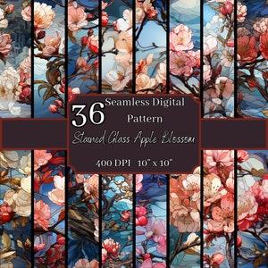 Pacchetto di motivi senza giunture di fiori di melo in vetro colorato, 400 DPI ad alta risoluzione, sfondi digitali da 10x10 pollici, per uso personale e commerciale