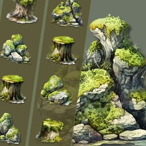 Images PNG de clipart pierre et souche moussues, téléchargement immédiat, illustrations sur le thème de la forêt, parfait pour les travaux manuels et la conception basés sur la nature
