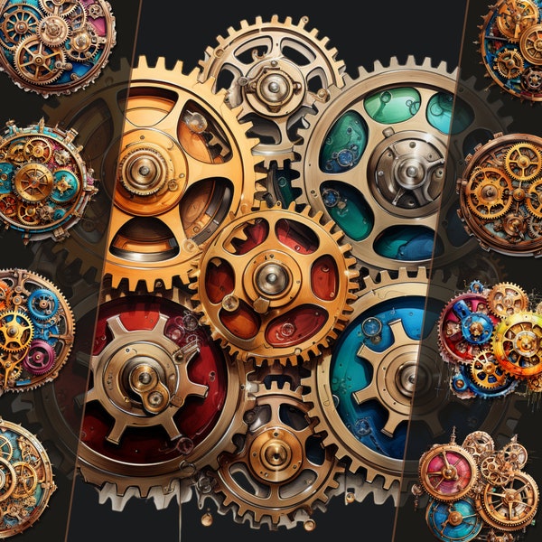 Steampunk Cogs and Gears Clipart Bundle - Vintage Gear Illustrations, PNG Files, Transparent Background, for Personal & Commercial Use