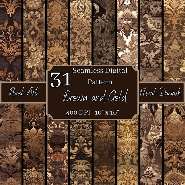 Pixel Art Brown and Gold Floral Damask Seamless Patterns Bundle, High-Resolution 400 DPI, 10x10In Digital art, For Commercial & Personal Use