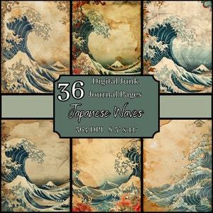 Bundle de pages de journal indésirable vintage sur le thème des vagues japonaises, 8,5 x 11, 364 ppp, usage commercial et personnel, téléchargement numérique, art maritime