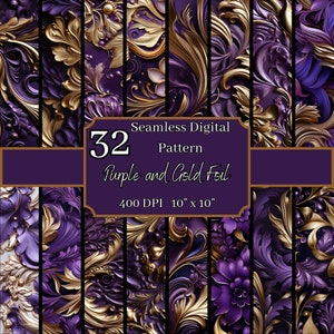 Bundle di motivi senza soluzione di continuità in lamina viola e oro, alta risoluzione 400 DPI, sfondi digitali glamour 10x10 pollici, per uso commerciale e personale