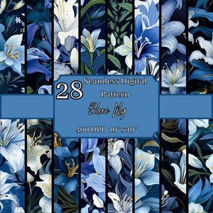 Pacote de padrões sem emenda de lírio azul, requintado 400 DPI, designs florais digitais de 10 x 10 polegadas, para uso comercial e pessoal