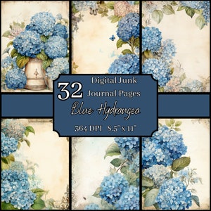 Blaue Hortensien Junk Journal Seiten, 8.5x11, 364 DPI, kommerzieller & persönlicher Gebrauch, Instant Download, FloralCrafting, Frühling Scrapbooking