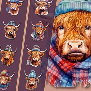 Bundle de cliparts vaches des Highlands portant des bonnets, illustrations de bovins écossais, fichiers PNG, téléchargement immédiat, pour un usage personnel et commercial