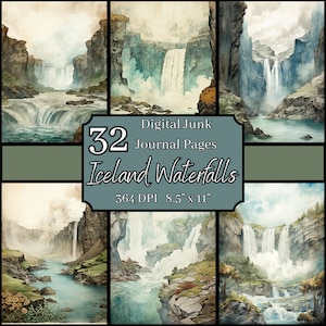 Pacchetto di pagine di diario vintage con cascate islandesi, 8,5x11, 364 DPI, uso commerciale e personale, download digitale, natura, scrapbooking