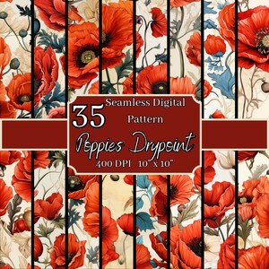 Lot de motifs sans couture coquelicots, haute résolution 400 ppp, arrière-plans numériques texturés 10 x 10 pouces, pour usage commercial et personnel