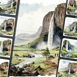 Seljalandsfoss Islanda Clipart Bundle - Incantevoli illustrazioni della natura, file PNG, sfondo bianco, perfetto per uso personale e commerciale