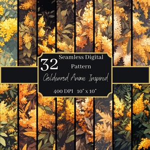 Paquete de patrones sin costuras inspirados en el anime Goldenrod, fondos digitales extravagantes de 10 x 10 pulgadas, 400 DPI vibrantes, para uso comercial y personal
