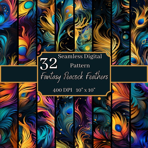 Fantasy Peacock Feathers Seamless Patterns Bundle, Vibrant 400 DPI, 10x10 Inch Exotic Digital Backgrounds, For Commercial & Personal Use