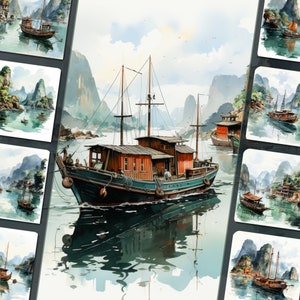 Ha Long Bay Vietnam clipartbundel, png, voor digitale kunst, ongewenste dagboeken en digitale ambachten, illustraties voor persoonlijk en commercieel gebruik