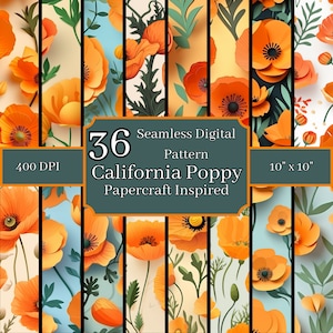 Lot de motifs sans couture inspirés du pavot de Californie Papercraft, 400 ppp, arrière-plans numériques 10 x 10 pouces, pour usage commercial et personnel
