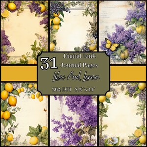 Lila en citroen Junk Journal Pages-bundel, 8,5 x 11, 364 DPI, commercieel en persoonlijk gebruik, digitale download, lente crafting, scrapbooking
