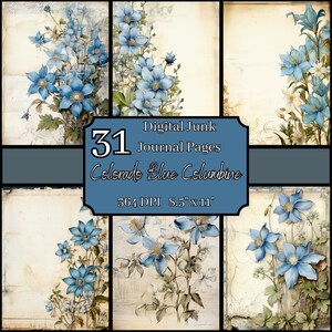Colorado Blue Columbine Junk Journal Pages Bundle, 8,5 x 11, 364 DPI, commercieel en persoonlijk, digitale download, bloemen knutselen, scrapbooking