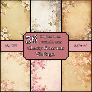 Schönes Kirschblüten Vintage Junk Journal Seiten Bundle, 8.5 x 11, 364 DPI, kommerzieller & persönlicher Gebrauch, digitaler Download, Floral Art