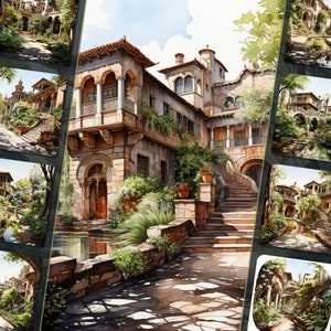 Geheime tuinen in Barcelona, Spanje, clipartbundel, perfect voor reis- en natuurprojecten, junkjournals, voor persoonlijk en commercieel gebruik