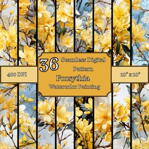 Forsythia-waterverfschilderij naadloze patronenbundel, hoge resolutie 400 DPI, 10 x 10 inch digitale achtergronden, commercieel en persoonlijk gebruik