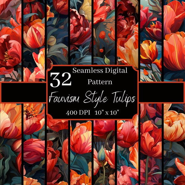 Fauvism Tulip Seamless Patterns Bundle, Bold 400 DPI, 10x10 Inch Artistic Digital Backgrounds, For Commercial & Personal Use