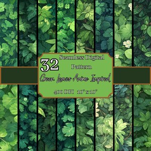 Grüne Blätter Anime-inspirierte nahtlose Muster-Bundle, lebendige 400 DPI, 10x10-Zoll-Natur-Digital-Hintergründe, für kommerziellen und persönlichen Gebrauch