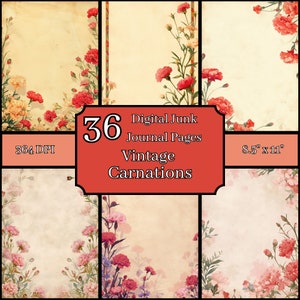 Paquete de páginas de diario basura con claveles antiguos, 8,5 x 11, 364 DPI, uso comercial y personal, descarga digital, floral, botánico
