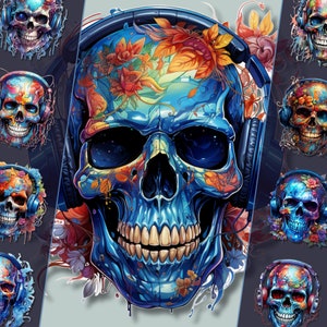 Skull with Headphones Clipart Bundle, Music-Themed PNG Clipart, Personal & Commercial Use, Ideal for Digital Crafts, junk journal