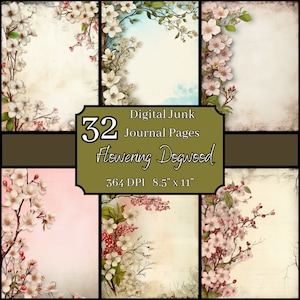 Bundel bloeiende kornoelje ongewenste dagboekpagina's, 8,5 x 11, 364 DPI, commercieel en persoonlijk gebruik, digitale download, bloeiend knutselen, scrapbooking