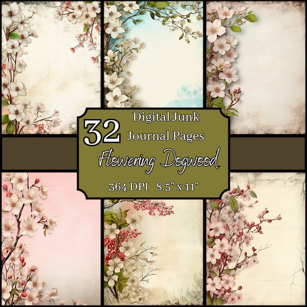 Flowering Dogwood Junk Journal Pages Bundle, 8.5x11, 364 DPI, Commercial & Personal Use, Digital Download, Blossoming Crafting, Scrapbooking