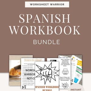 May include: A digital download for a Spanish workbook bundle. The cover features a cartoon fist with the text "Spanish Workbook Bundle" and "Worksheet Warrior" in a yellow starburst. The text "Como se Dice?" is visible on a page in the background.
