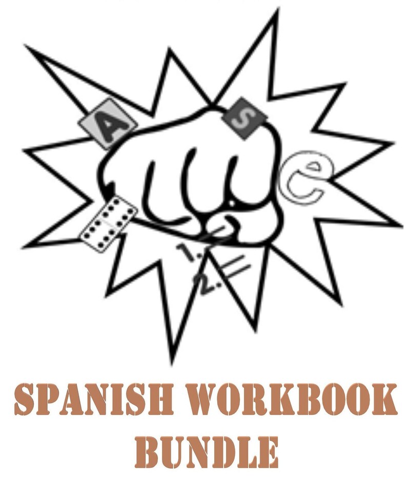 May include: Black and white illustration of a fist with a starburst behind it. The fist is holding a film strip, a letter 'A', a letter 'S', and a letter 'C'. The text below the image reads "SPANISH WORKBOOK BUNDLE".