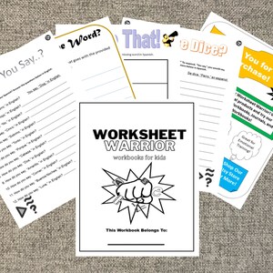 May include: A colorful worksheet with a superhero fist punching through a stack of papers. The text "Worksheet Warrior" is in a large font with the words "workbooks for kids" below. The worksheet is designed for children to learn and practice.