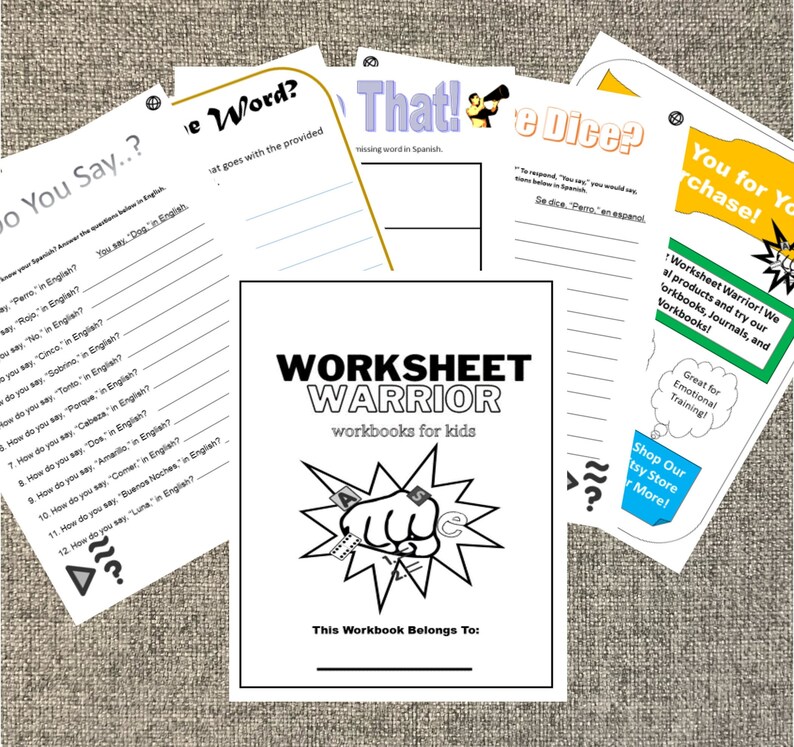 May include: A colorful worksheet with a superhero fist punching through a stack of papers. The text "Worksheet Warrior" is in a large font with the words "workbooks for kids" below. The worksheet is designed for children to learn and practice.