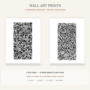 Puede incluir: Dos impresiones de arte mural con patrones florales en blanco y negro. El texto dice: WALL ART PRINTS, 2 PRINTABLE DESIGNS, DIGITAL COLLECTION, 2 ZIP FILES, 8 HIGH-QUALITY JPG FILES, READY TO PRINT IN 4 DIFFERENT ASPECT RATIOS, 2:3 RATIO, 3:4 RATIO, 4:5 RATIO, ISO SERIES.