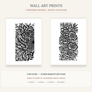 Bold Floral Wall Art Set of 2, Black and White Flower Prints, Botanical Wall Decor, Printable Statement Art