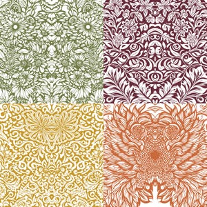 Puede incluir: Una cuadrícula de cuatro paneles con patrones florales repetitivos. El panel superior izquierdo es verde oliva, el superior derecho es burdeos oscuro, el inferior izquierdo es amarillo mostaza y el inferior derecho es naranja quemado. Cada sección presenta intrincados motivos botánicos blancos.