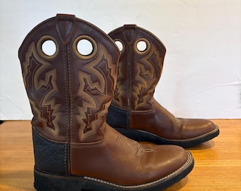 Vtg Genuine Leather Brown Cowboy Western Boots Childs Size 6 Stitching Slip In Rubber Soles