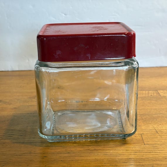 Bocal Carré En Verre Avec Couvercle Rouge - Design Vintage, 17cm, Reproduction, Occasion