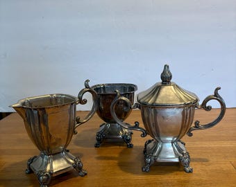 Vtg Goldfeder Silver Plate 3 Piece Set Creamer Sugar Bowl & Lid Waste Bowl Footed Art Deco