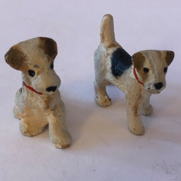 Two Vintage Pewter Terrier Hand Painted Dog Figurines.