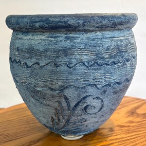 Vtg Southwestern Clay Pot Nature Carvings Drain Hole Footed Boho Style