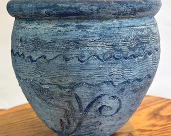 Vtg Southwestern Clay Pot Nature Carvings Drain Hole Footed Boho Style